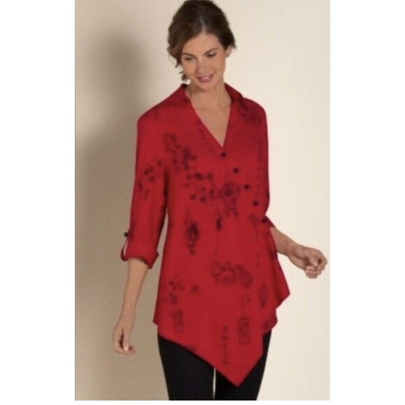 Soft Surroundings Large Kimono Pagoda Tunic Top Red And Black Wrap Shirt - Picture 3 of 12